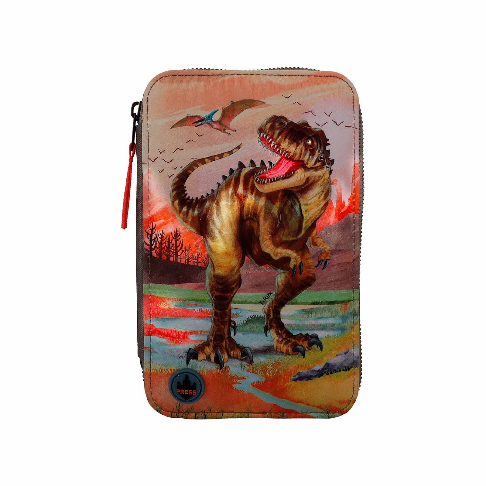 Dino World 3-Fach Federtasche LED Khakibraun inkl. Stifte