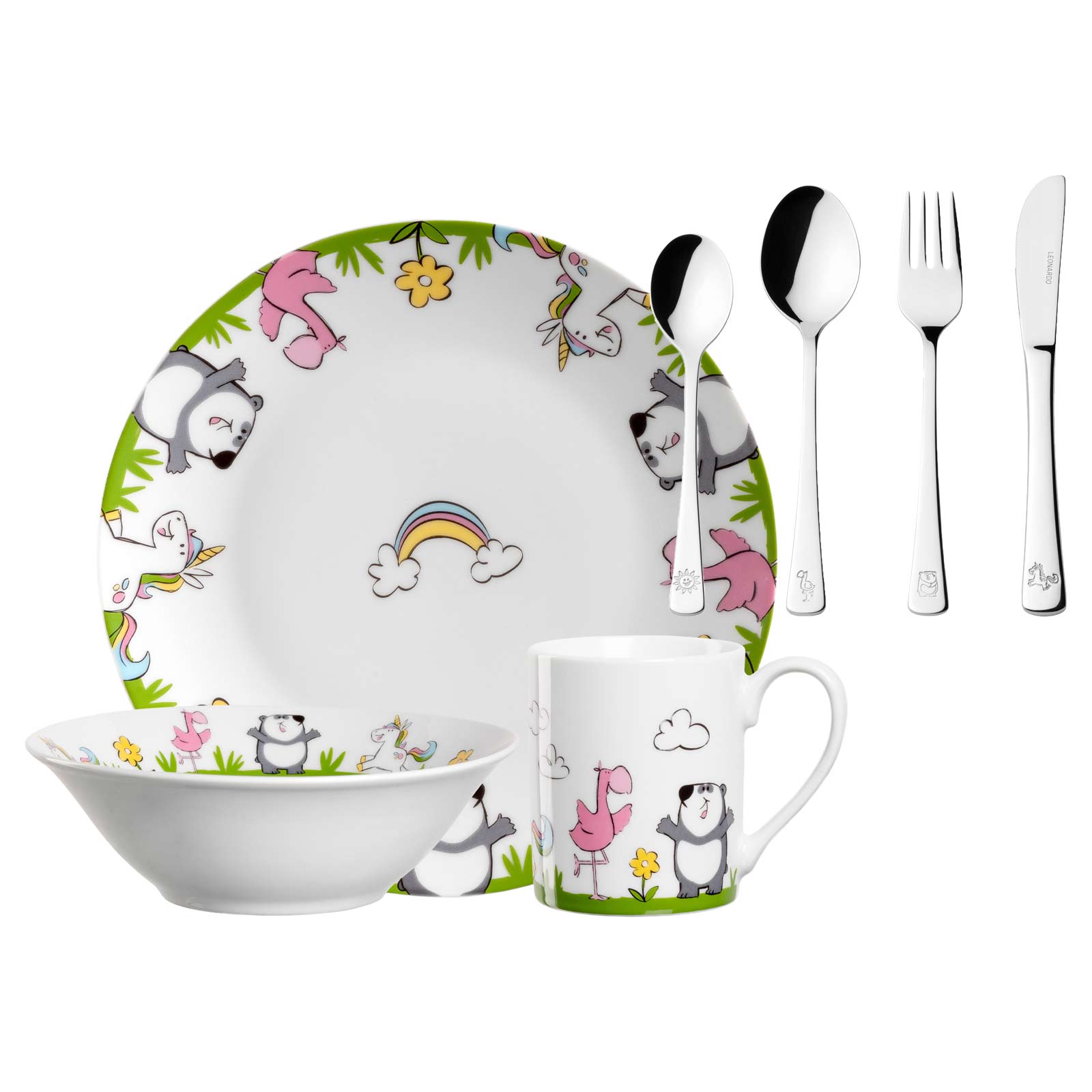 Leonardo BAMBINI Kindergeschirr mit Besteck Einhorn / Panda / Flamingo - A 