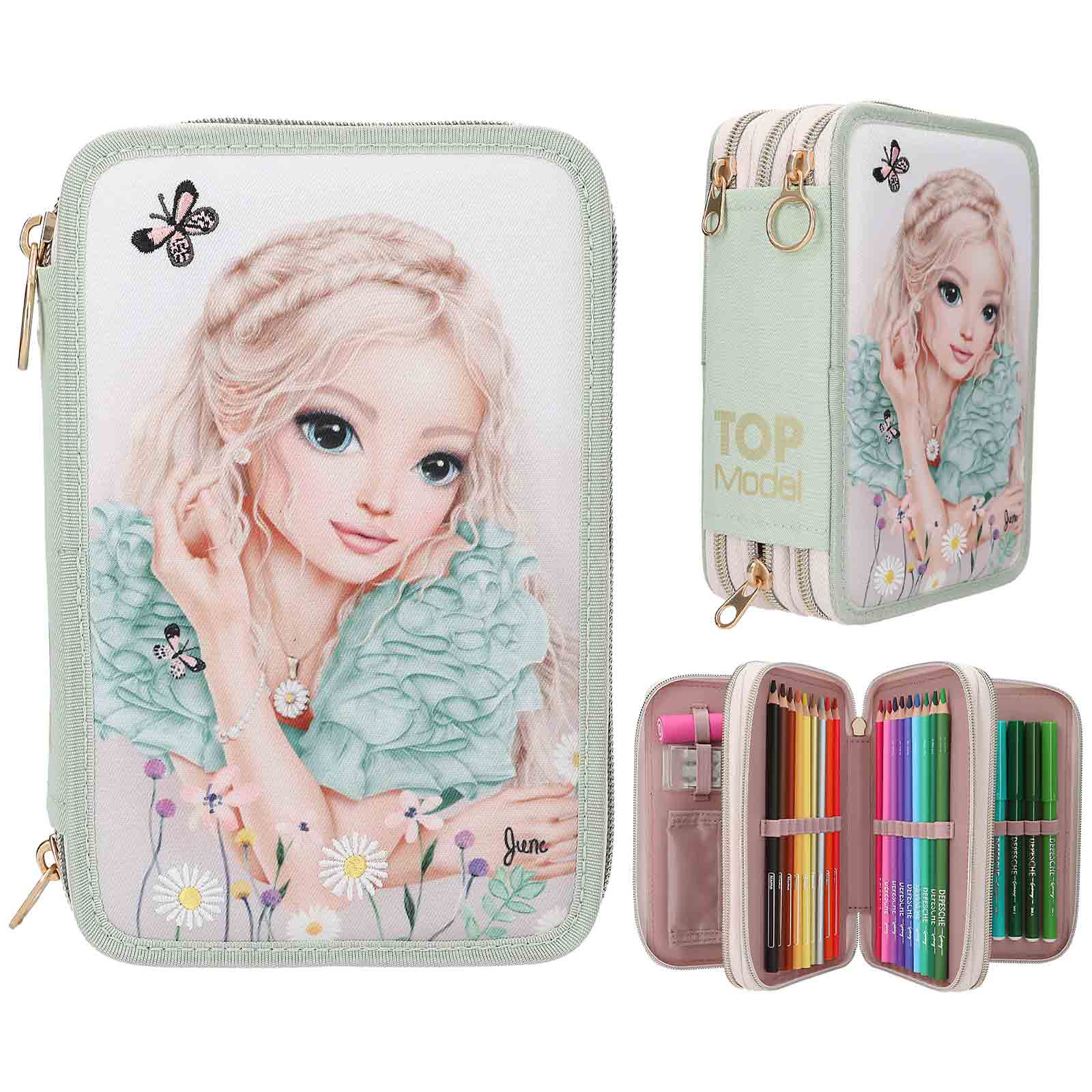 TOPModel 3-Fach Federtasche mit Stickerei SUMMER FEELING inkl. Stifte