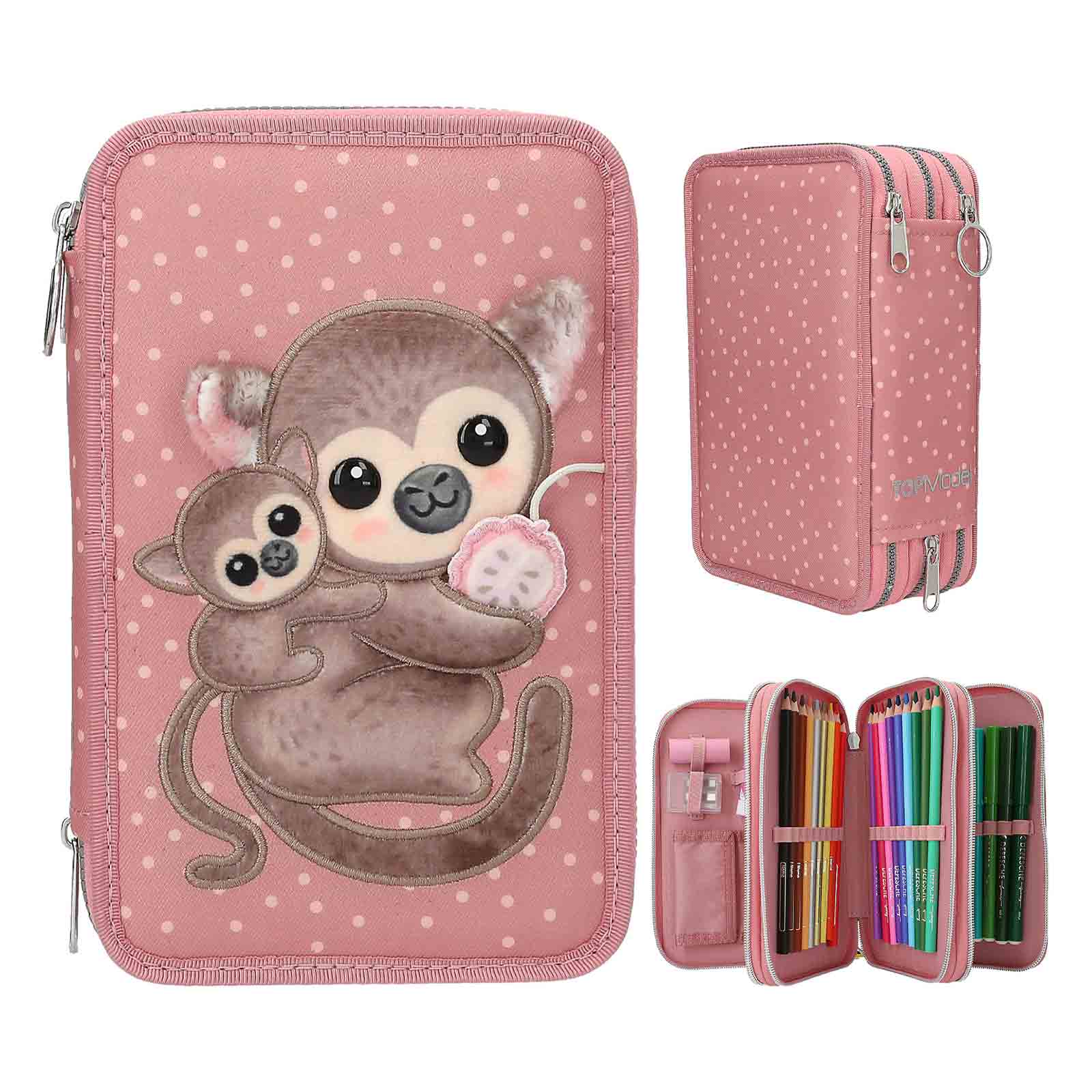 TOPModel 3-Fach Federtasche mit Affen-Applikation JUICY inkl. Stifte