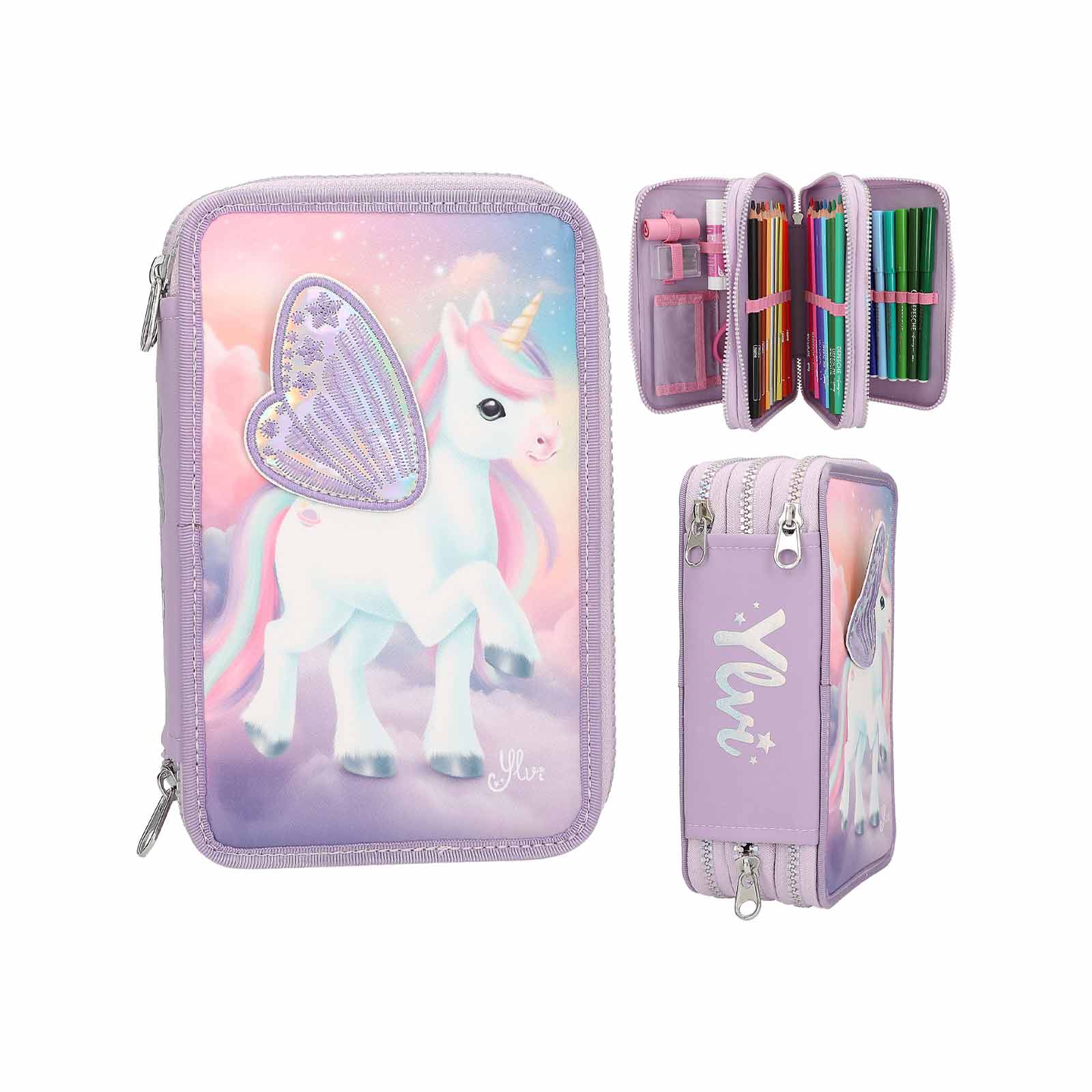 Ylvi 3-Fach Federtasche mit appliziertem Flügel inkl. Stifte