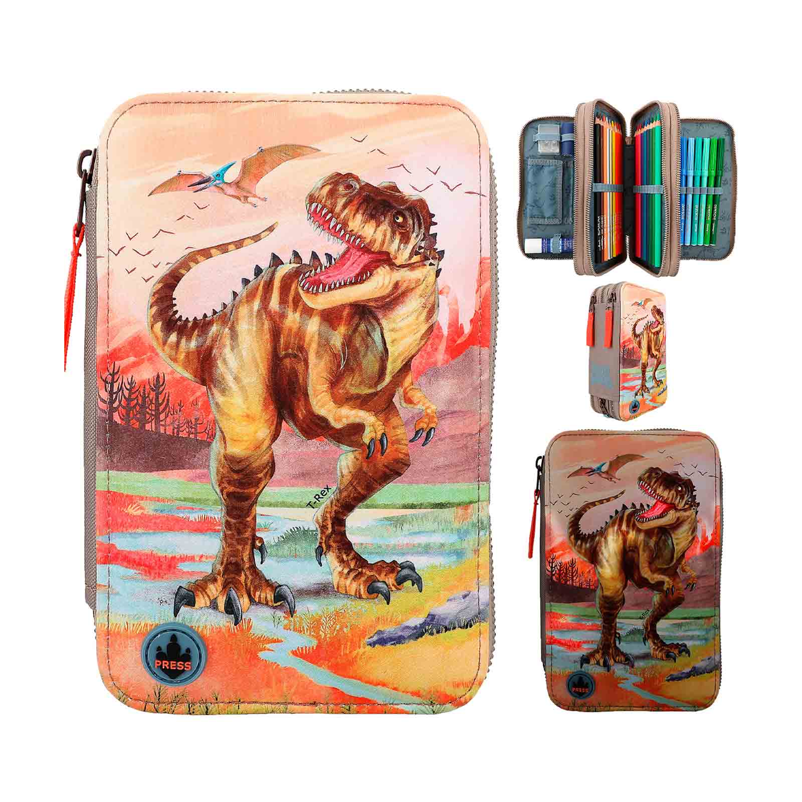 Dino World 3-Fach Federtasche LED Khakibraun inkl. Stifte