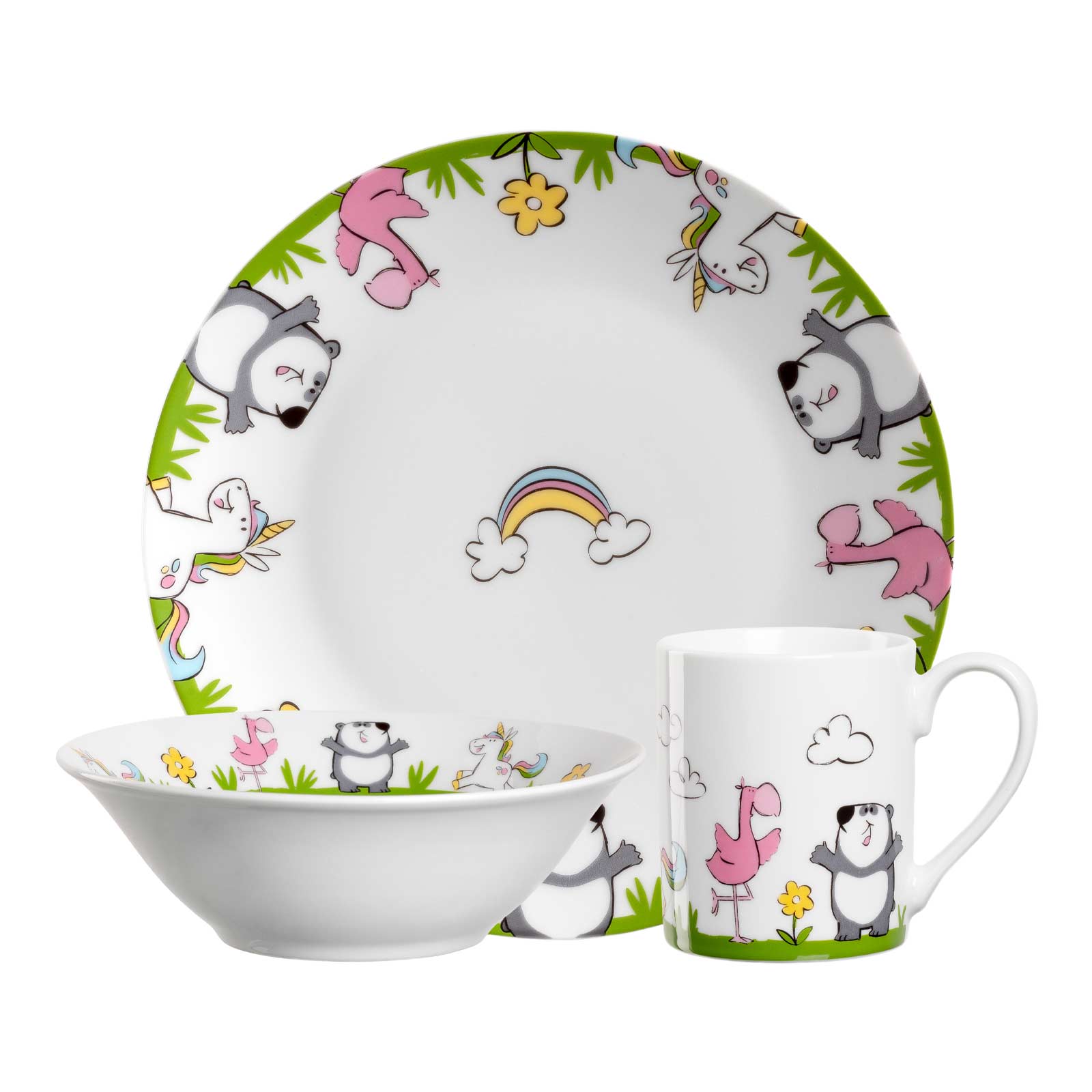 Leonardo BAMBINI Kindergeschirr mit Besteck Einhorn / Panda / Flamingo - A 