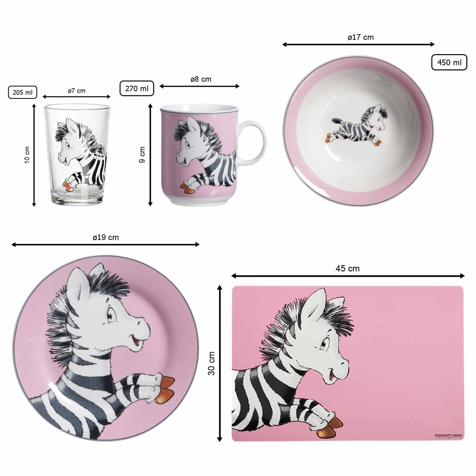 Ritzenhoff & Breker HAPPY ZOO Zebra Geschirr-Set mit Kinderbecher 7-teilig