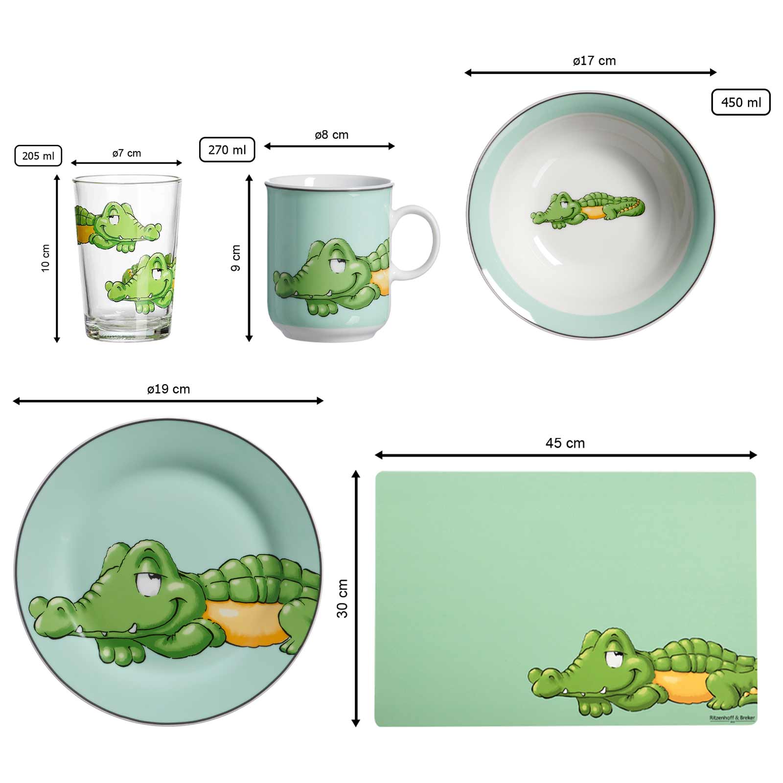 Ritzenhoff & Breker HAPPY ZOO Krokodil Geschirr-Set mit Kinderbecher 7-teilig