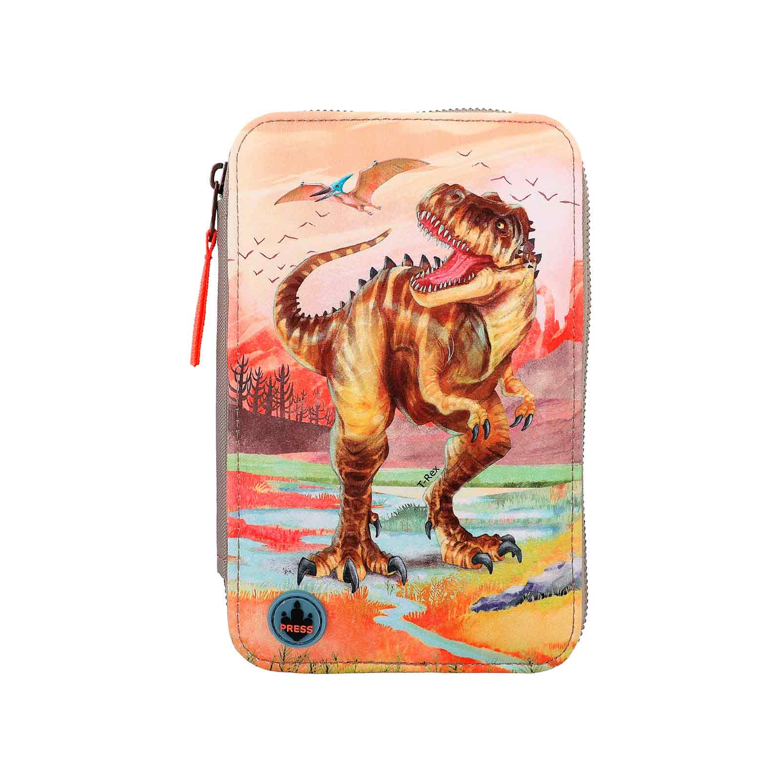 Dino World 3-Fach Federtasche LED Khakibraun inkl. Stifte