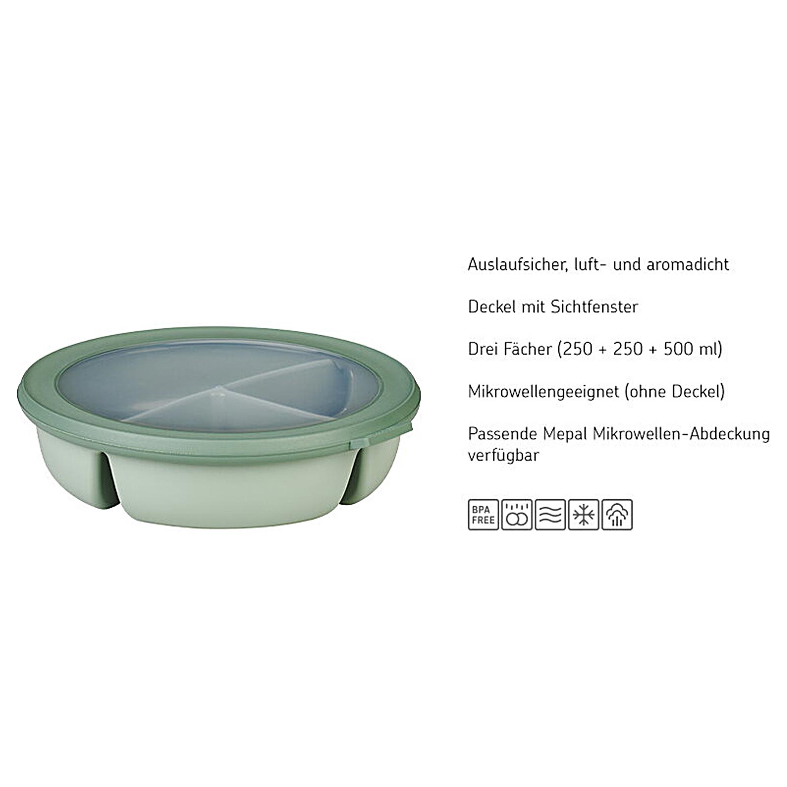 Mepal CIRQULA Bento Bowl 3-Fächer-Schüssel Nordic Green mit Mikrowellendeckel