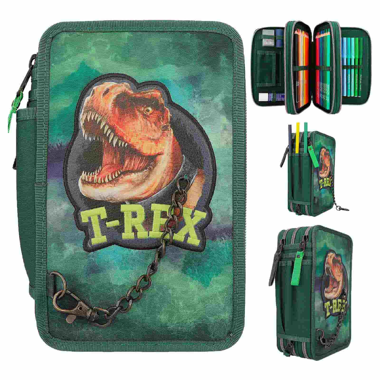 Dino World 3-Fach Federtasche mit Kette T-Rex inkl. Stifte